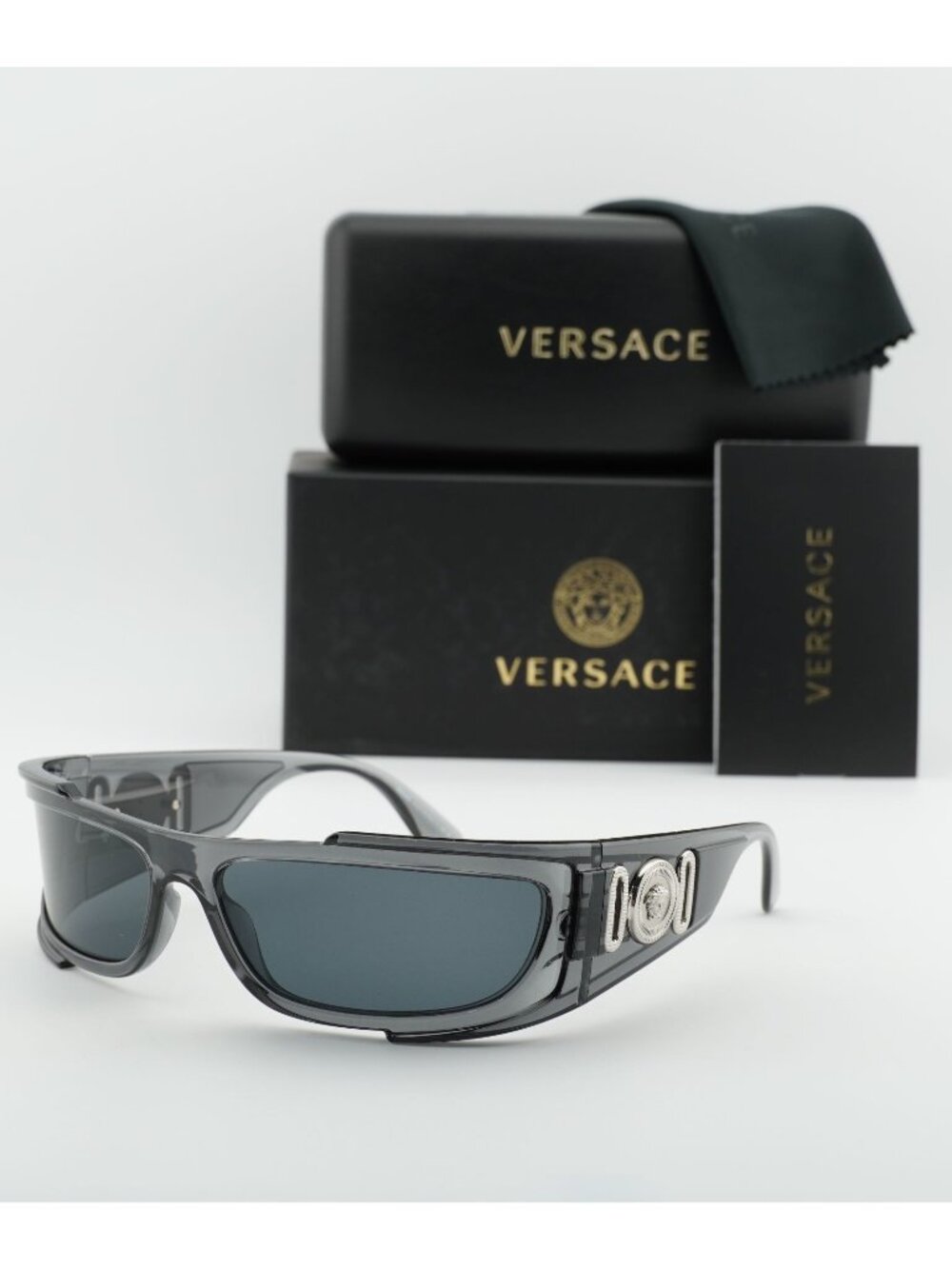 Versace VE4446 593/87 Rectangle Sunglasses – Grey Transparent/Dark Grey